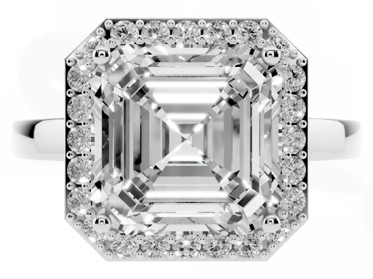 Asscher Cut Halo Diamond Ring with Solitaire Band and Prong Setting Silver