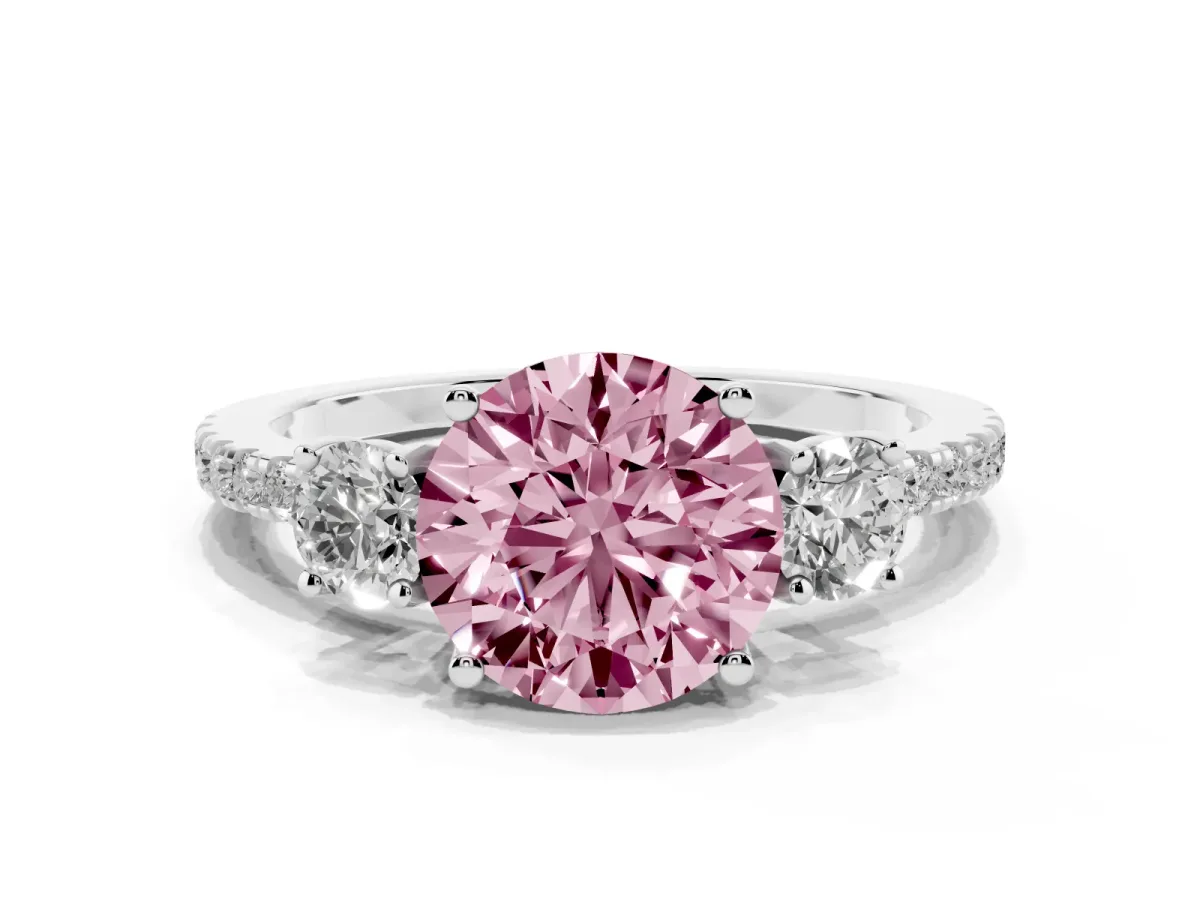 Fancy Pink Three-Stone Round Cut Cut Diamond Pavé Band with Prong Setting Silver