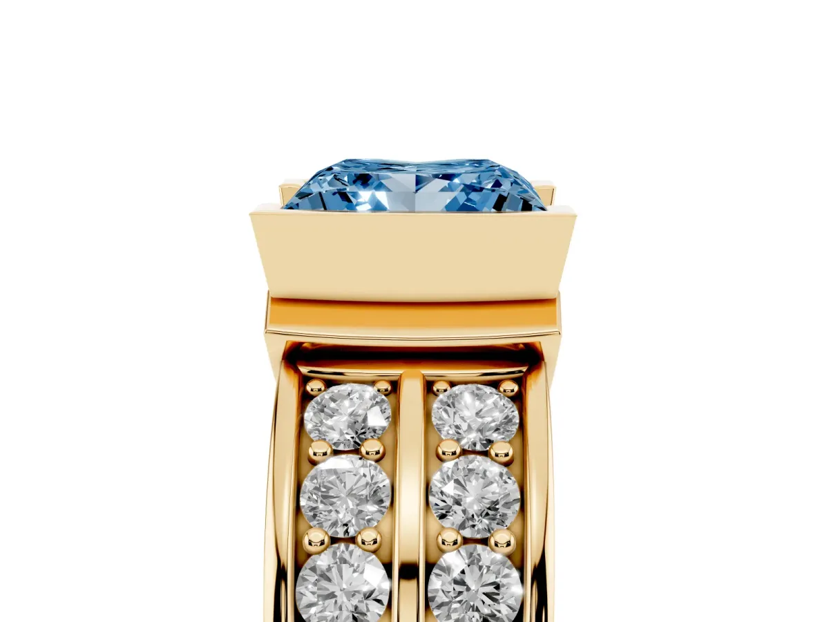 Fancy Blue Princess Cut Brilliant Diamond Channel Set Wide Band Ring with Bezel Setting Yellow gold