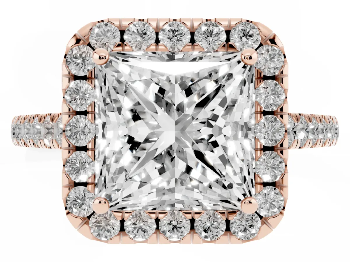 Princess Cut Halo Pave Diamond Engagement Ring with Four-Prong Setting Rose gold