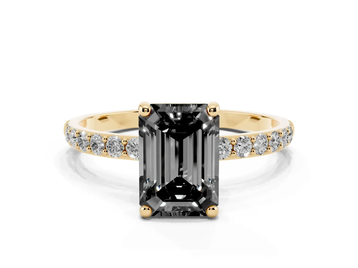 Fancy Black Emerald Cut Diamond Solitaire Ring with Round Pavé Band and Prong Setting Yellow gold