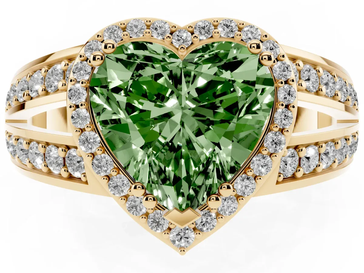 Fancy Green Heart Cut Diamond Halo Ring with Split Shank Pavé Band and Four-Prong Setting Yellow gold