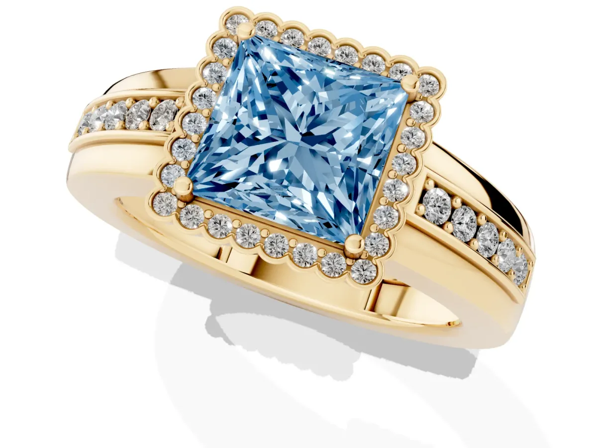 Fancy Blue Princess Cut Cut Halo Pave Band Four-Prong Ring Yellow gold