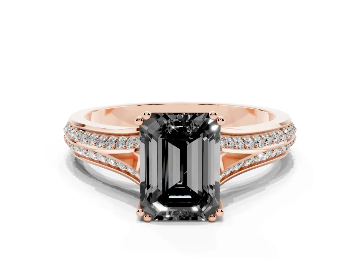 Fancy Black Emerald Cut Diamond Split Shank Engagement Ring with Pavé Band Rose gold