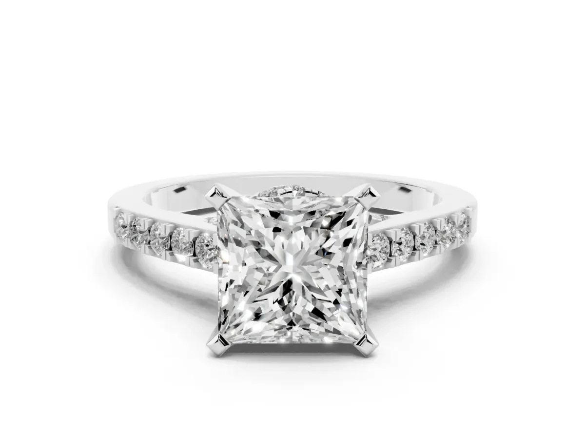 Princess Cut Diamond Solitaire Ring with Crossover Gallery and Round Pavé Band Silver