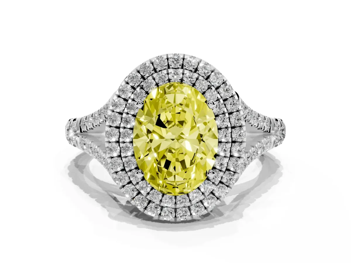 Fancy Yellow Oval Cut Diamond Pavé Split Shank Double Halo Engagement Ring Platinum