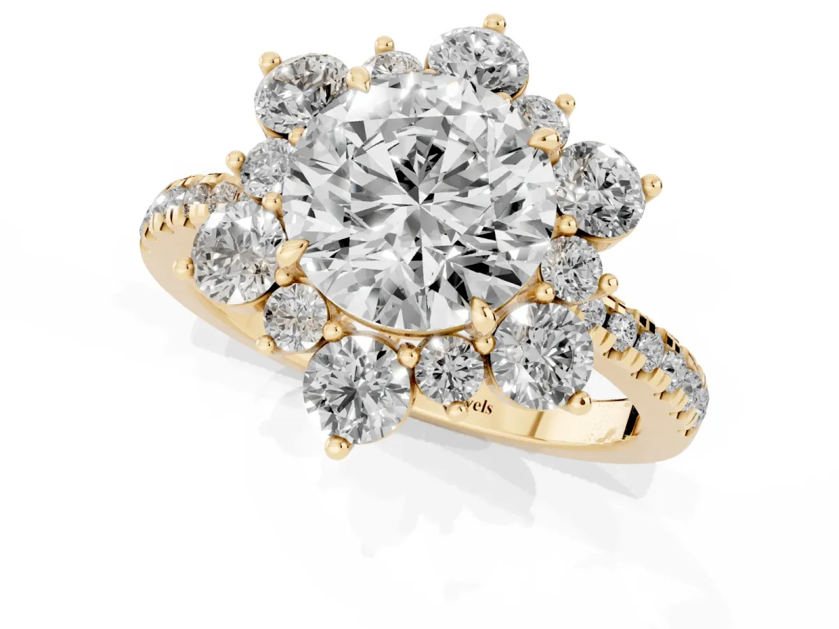 Round Cut Diamond Floral Halo Ring with Round Pavé Band and Prong Setting Yellow gold