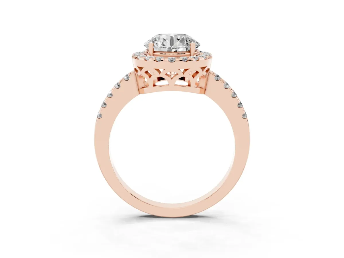 Round Cut Halo Diamond Engagement Ring with Pavé Band and Four-Prong Setting Rose gold