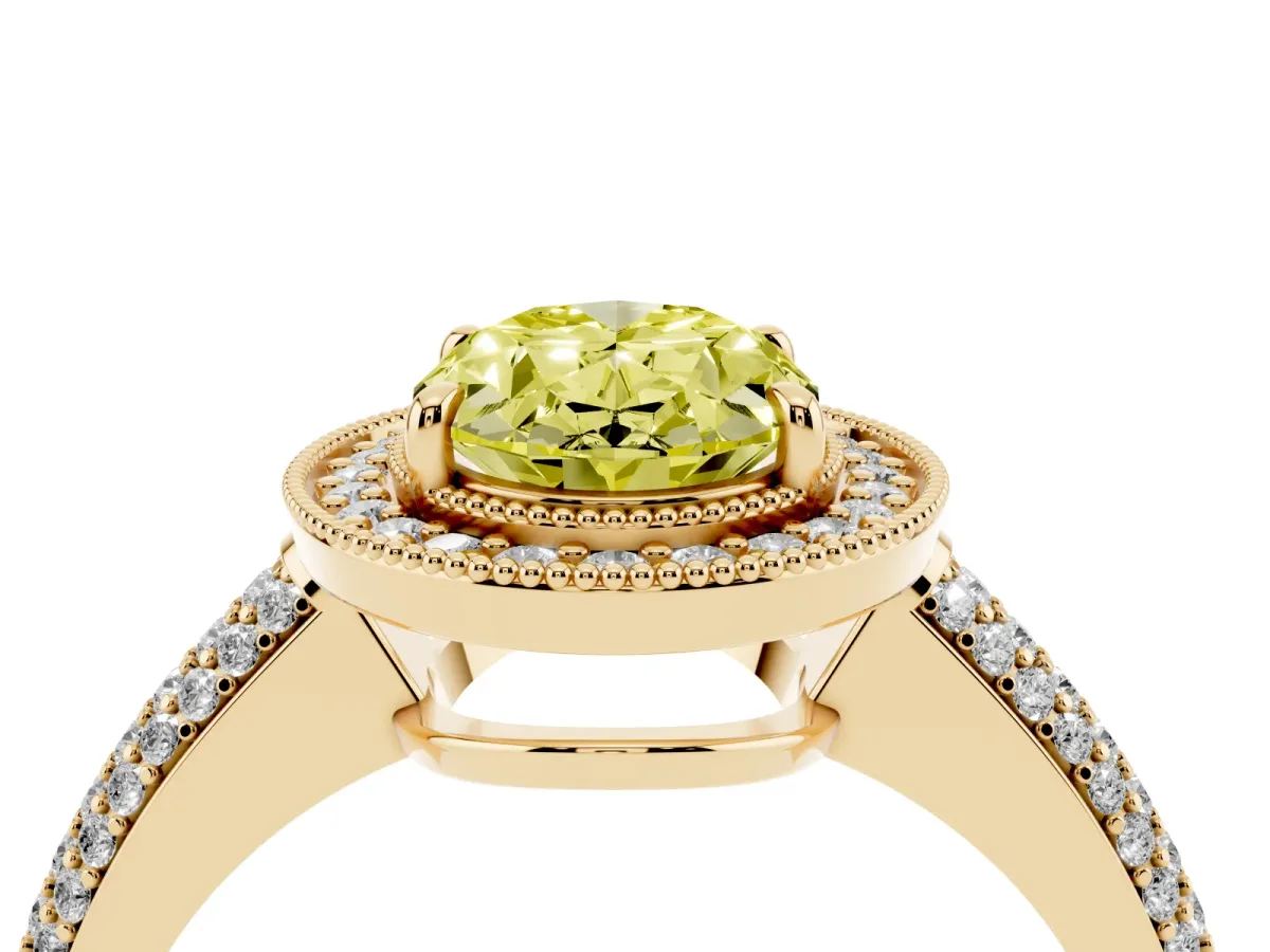 Fancy Yellow Oval Cut Cut Halo Diamond Pave Band with Four-Prong Setting Yellow gold