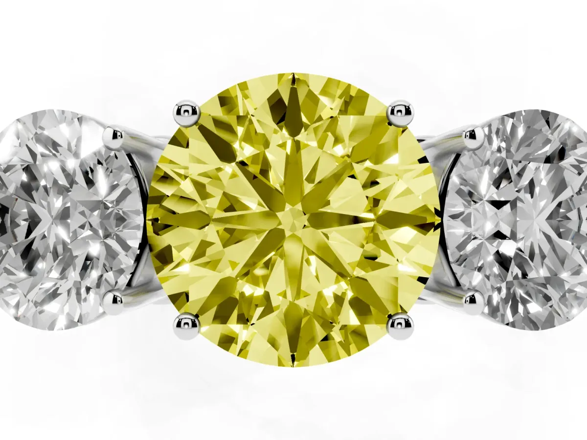 Fancy Yellow Round Cut Diamond Three-Stone Ring with Prong Setting and Textured Band Silver