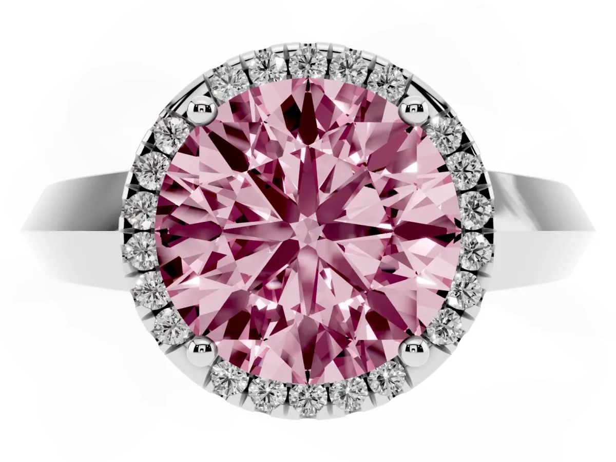 Fancy Pink Round Cut Halo Diamond Ring with Cathedral Band and Four-Prong Setting White gold