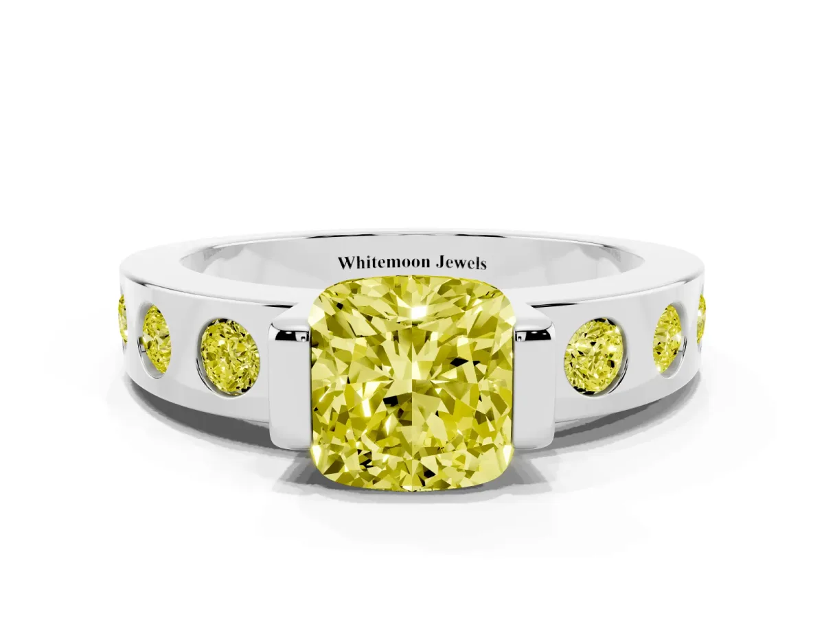 Fancy Yellow Cushion Cut Brilliant Channel-Set Diamond Ring with Bezel Prong Setting Silver