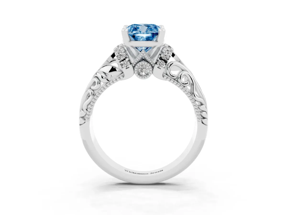 Fancy Blue Cushion Cut Solitaire Filigree Engagement Ring with Halo and Prong Setting Silver