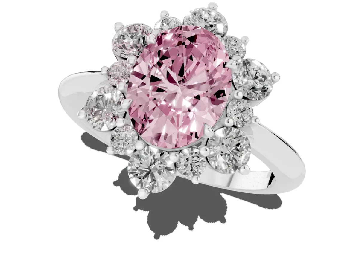 Fancy Pink Oval Cut Diamond Cluster Halo Ring with Solitaire Band and Four-Prong Setting Silver