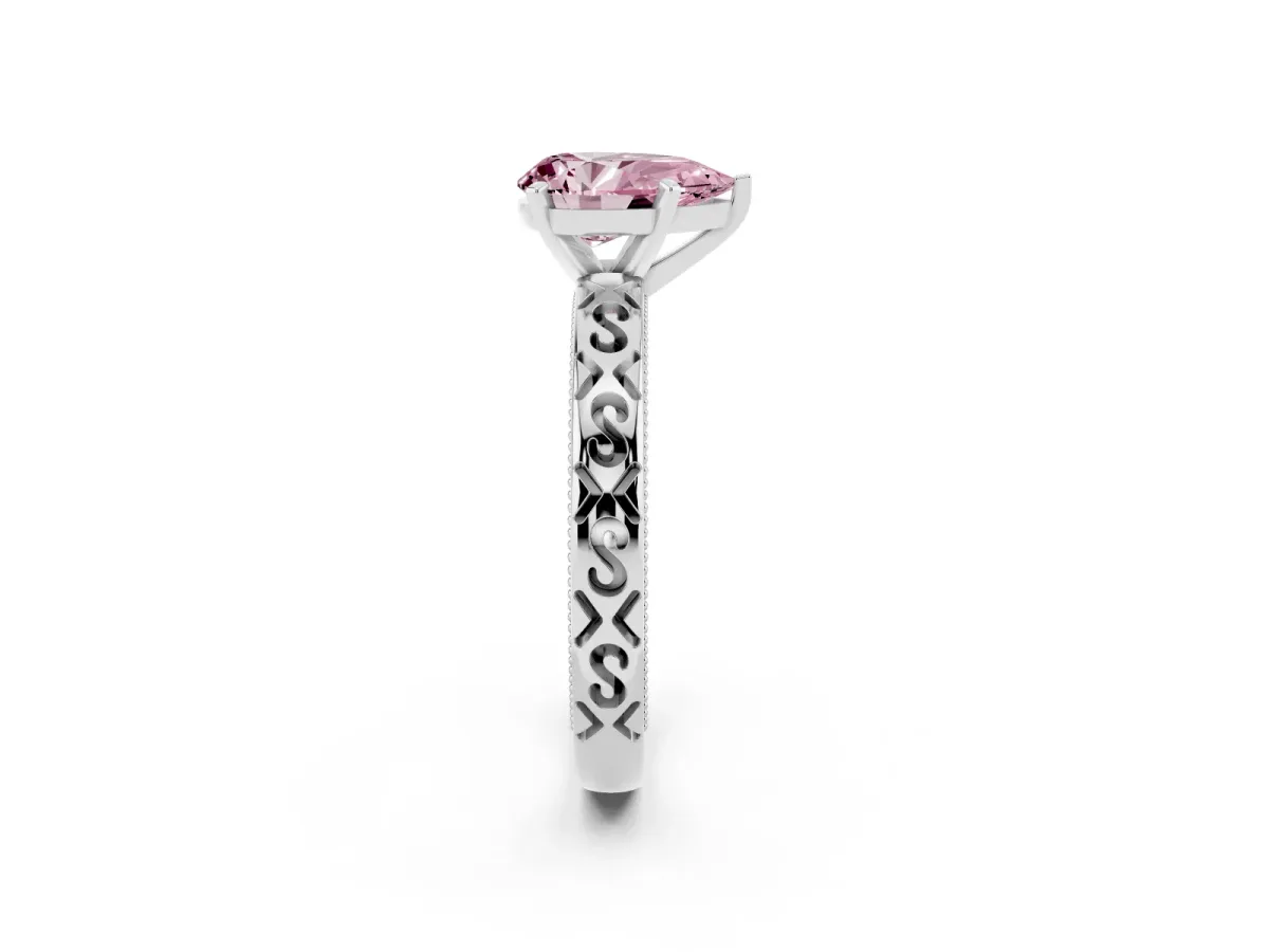 Fancy Pink Pear Cut Solitaire Engagement Ring with Scrollwork Band and Four-Prong Setting Silver