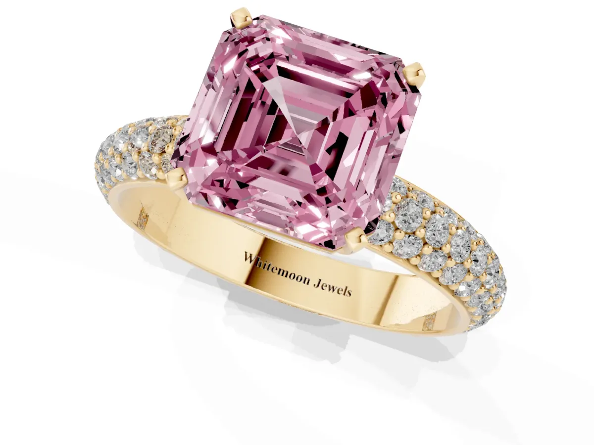 Fancy Pink Asscher Cut Diamond Solitaire Ring with Prong Setting and Pavé Band Yellow gold