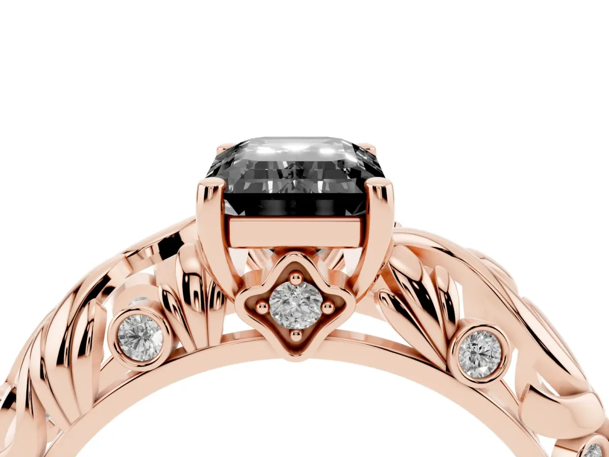 Fancy Black Emerald Cut Solitaire Diamond Leaf-Inspired Vine Band Ring with Prong Setting Rose gold