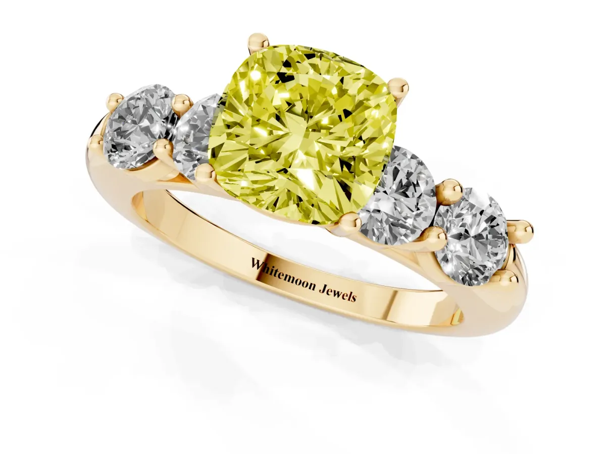 Fancy Yellow Cushion Cut Cut Five-Stone Prong Set Diamond Ring with Classic Band Yellow gold