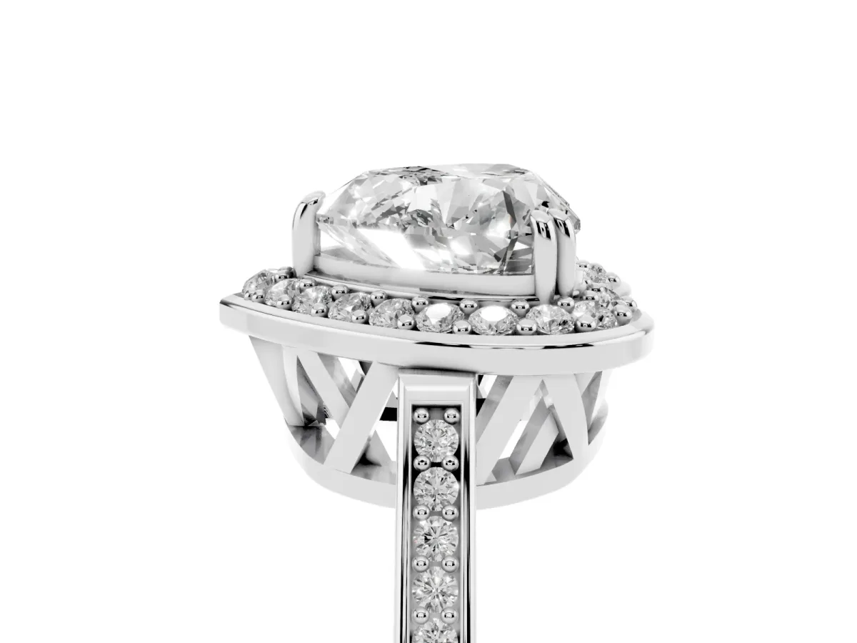 Heart Cut Diamond Halo Ring with Split Shank and Four-Prong Setting Silver