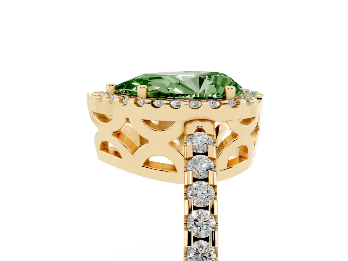 Fancy Green Pear Cut Diamond Halo Engagement Ring with Pavé Band and Prong Setting Yellow gold