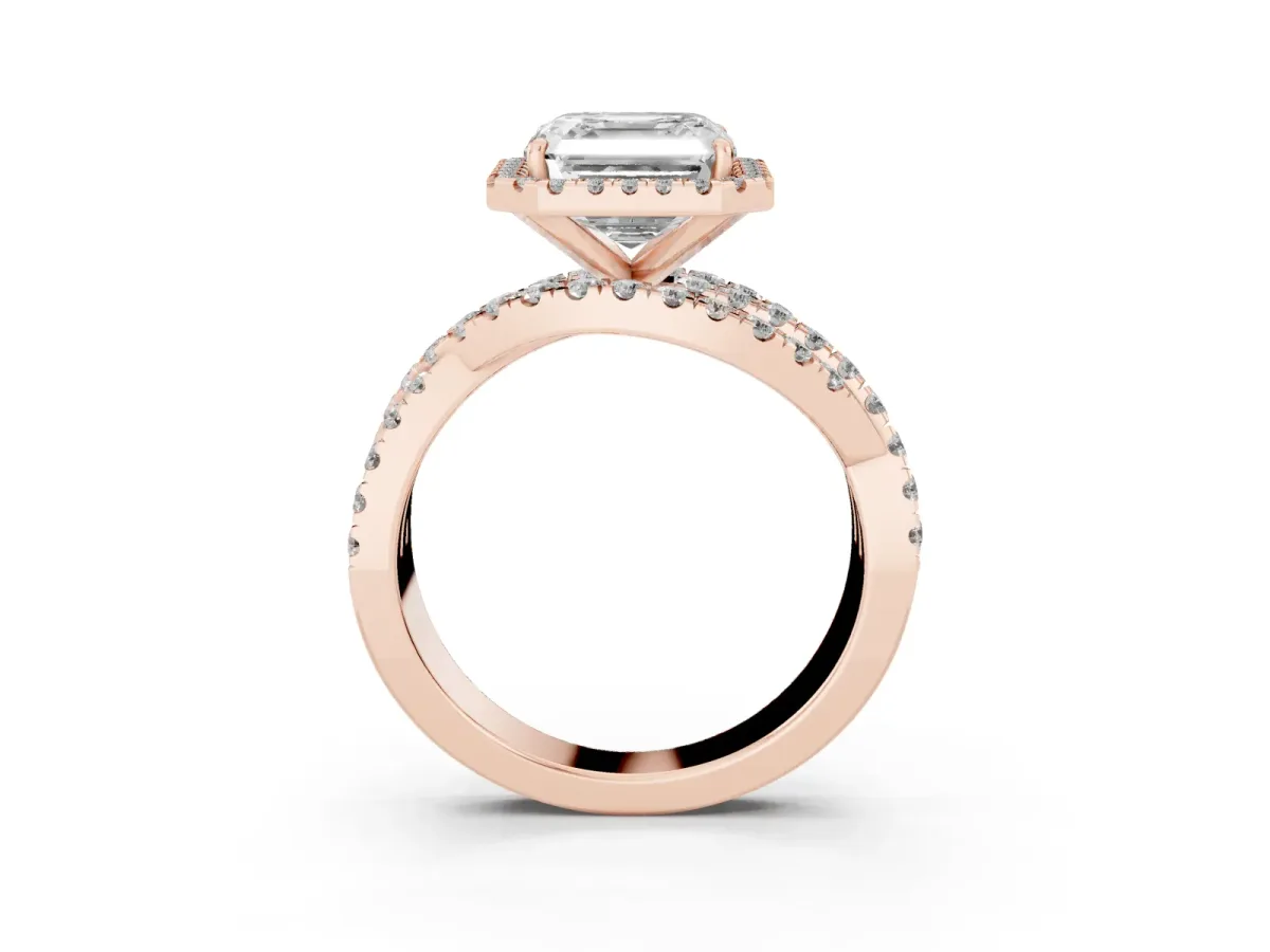 Asscher Cut Diamond Halo Ring with Round Split Shank and Prong Setting Rose gold