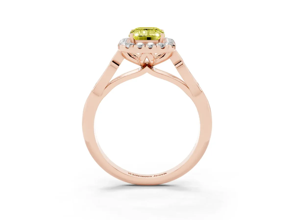 Fancy Yellow Emerald Cut Halo Diamond Engagement Ring with Filigree Band and Four-Prong Setting Rose gold