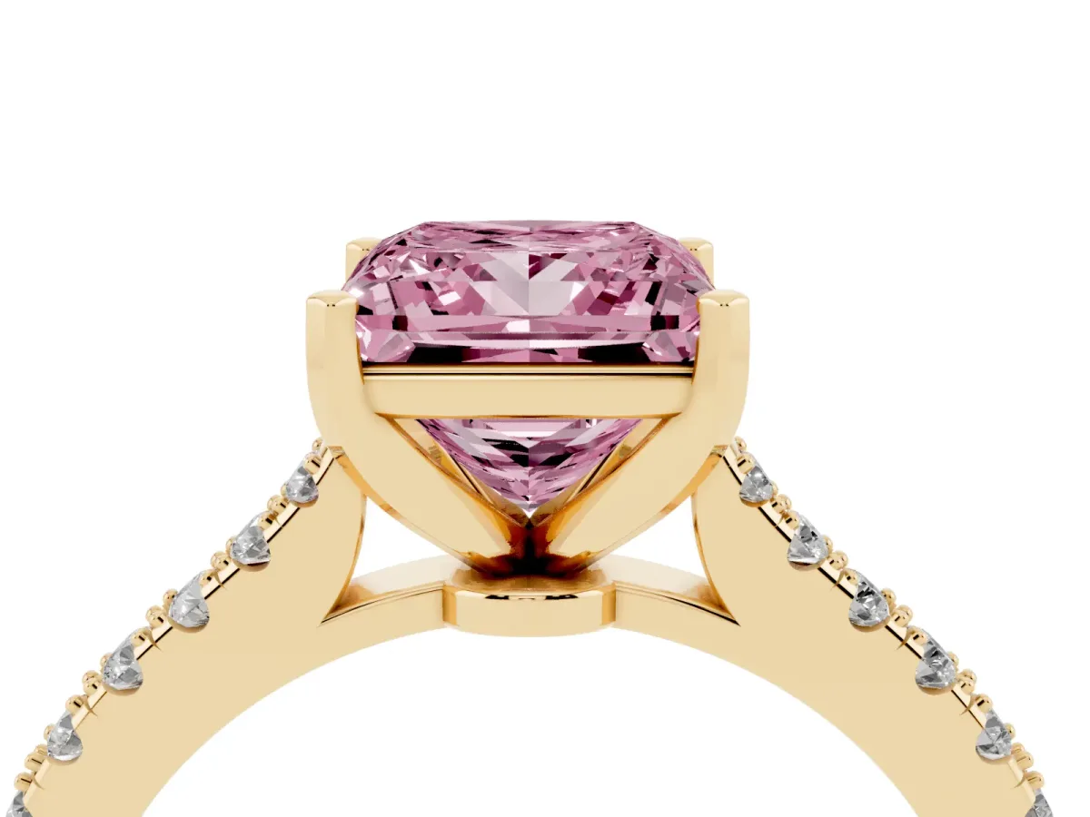 Fancy Pink Princess Cut Cut Solitaire Diamond Engagement Ring with Pave Band and Four-Prong Setting Yellow gold