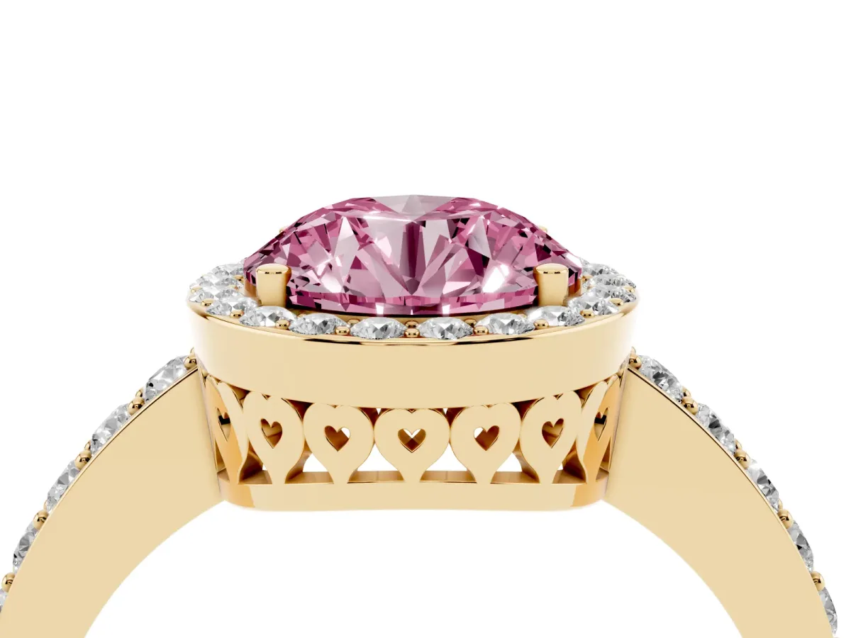Fancy Pink Round Cut Halo Diamond Pavé Band Ring with Prong Setting Yellow gold