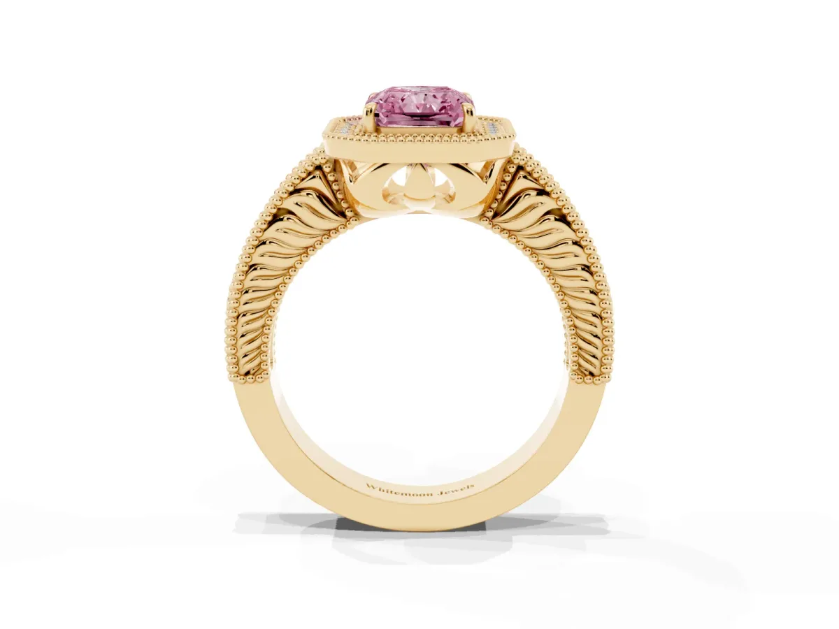 Fancy Pink Radiant Cut Cut Halo Diamond Ring with Pavé Band and Four-Prong Setting Yellow gold
