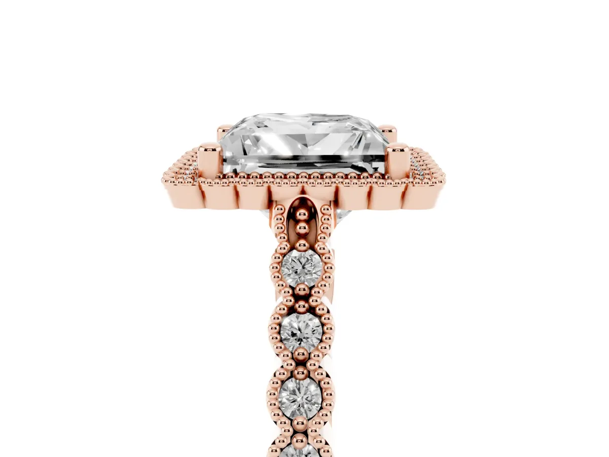 Princess Cut Cut Halo Pavé Solitaire Ring with Milgrain Band Rose gold