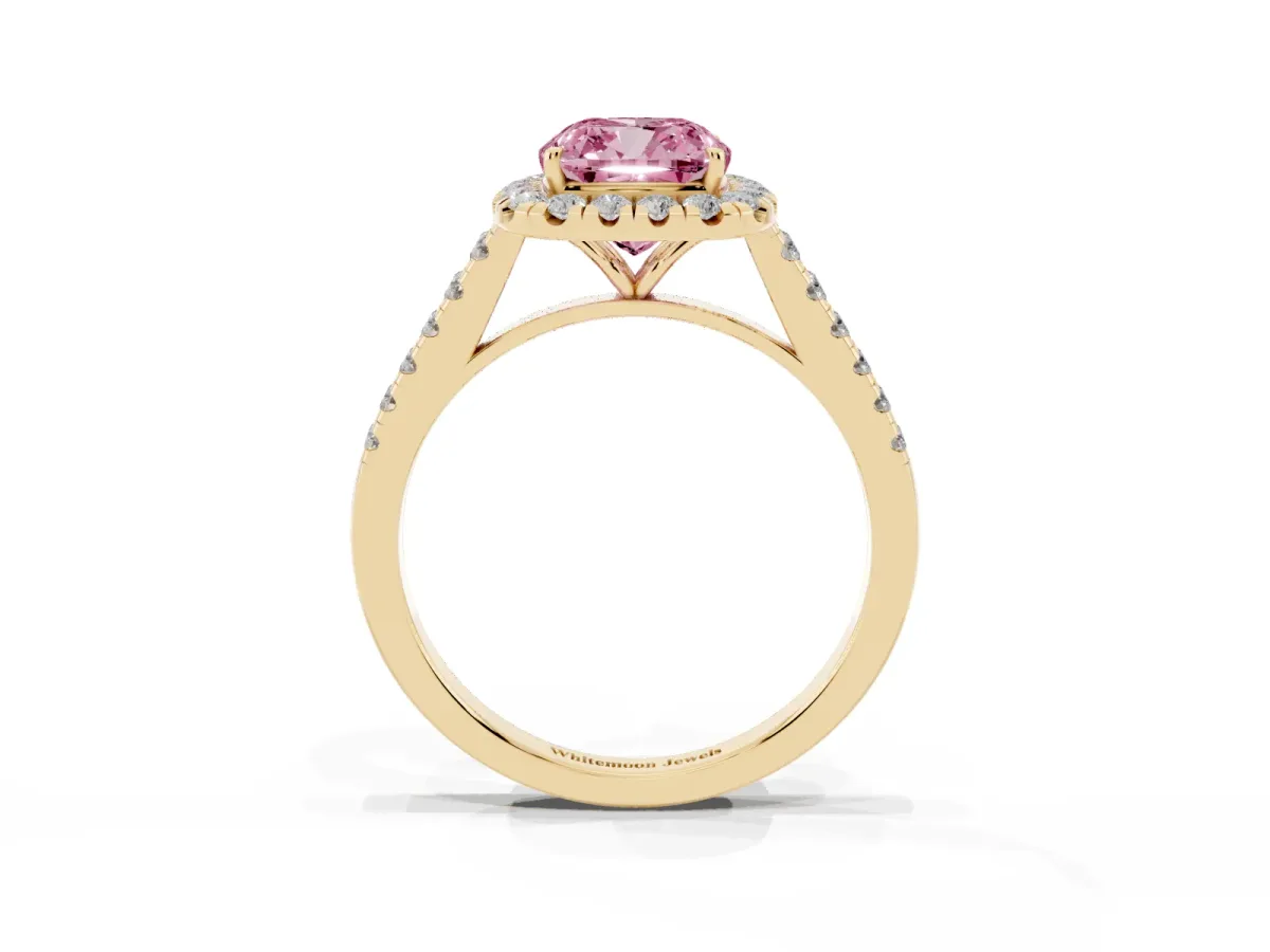 Fancy Pink Cushion Cut Halo Pave Diamond Engagement Ring with Four-Prong Setting Yellow gold