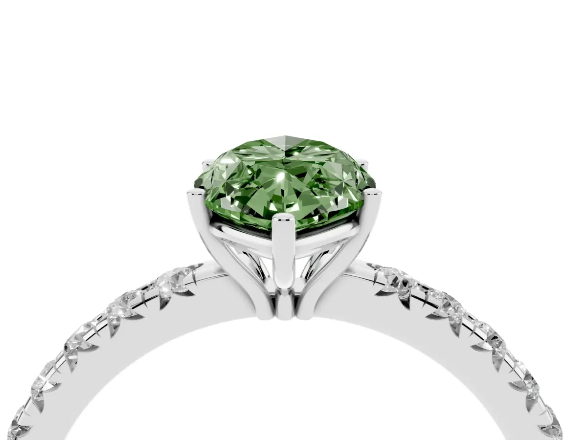 Fancy Green Marquise Cut Diamond Pavé Solitaire Engagement Ring with Four-Prong Setting Silver
