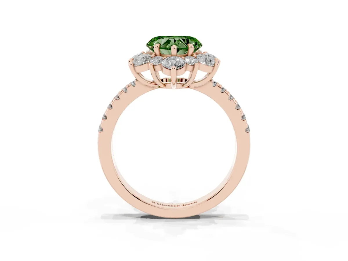 Fancy Green Heart Cut Diamond Floral Halo Ring with Round Pavé Band and Prong Setting Rose gold
