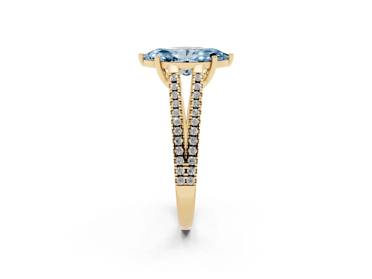Fancy Blue Marquise Cut Diamond Solitaire Engagement Ring with Split Shank Pavé Band Yellow gold