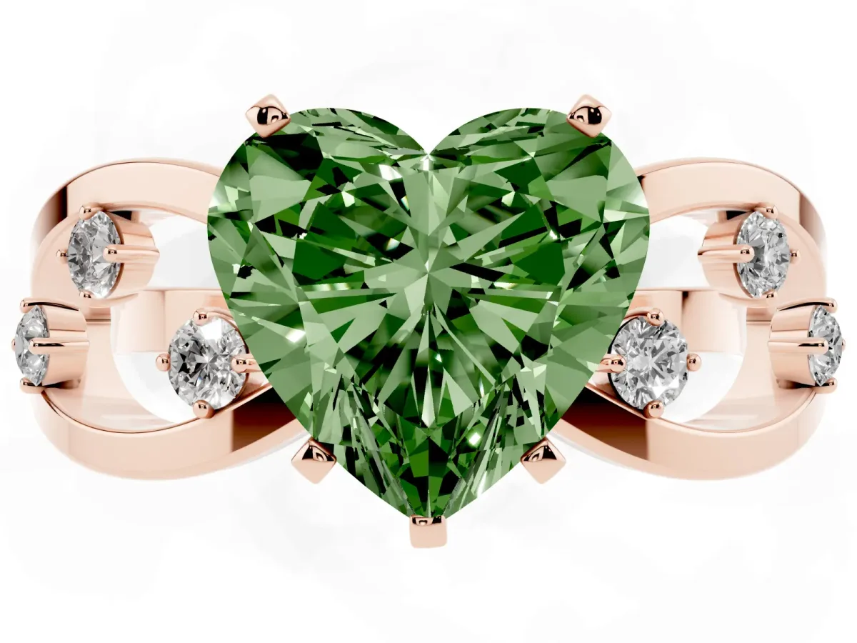 Fancy Green Heart Cut Cut Solitaire Diamond with Side Stones on Criss-Cross Band and Four-Prong Setting Rose gold