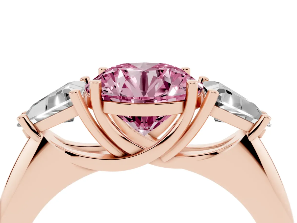 Fancy Pink Three-Stone Round Cut Diamond Engagement Ring with Trillion Side Stones and Prong Setting Rose gold