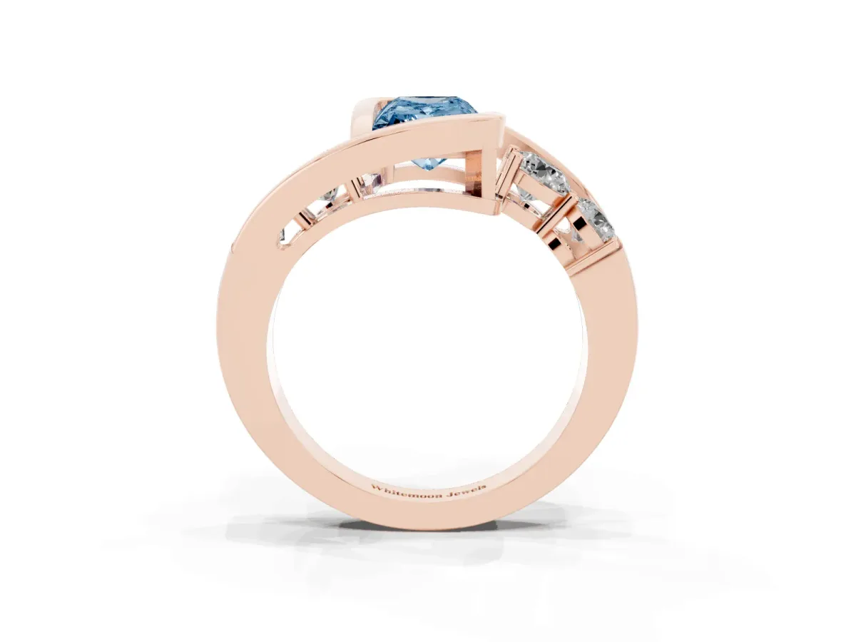 Fancy Blue Bezel Set Radiant Cut Diamond Bypass Ring with Round Accents Rose gold