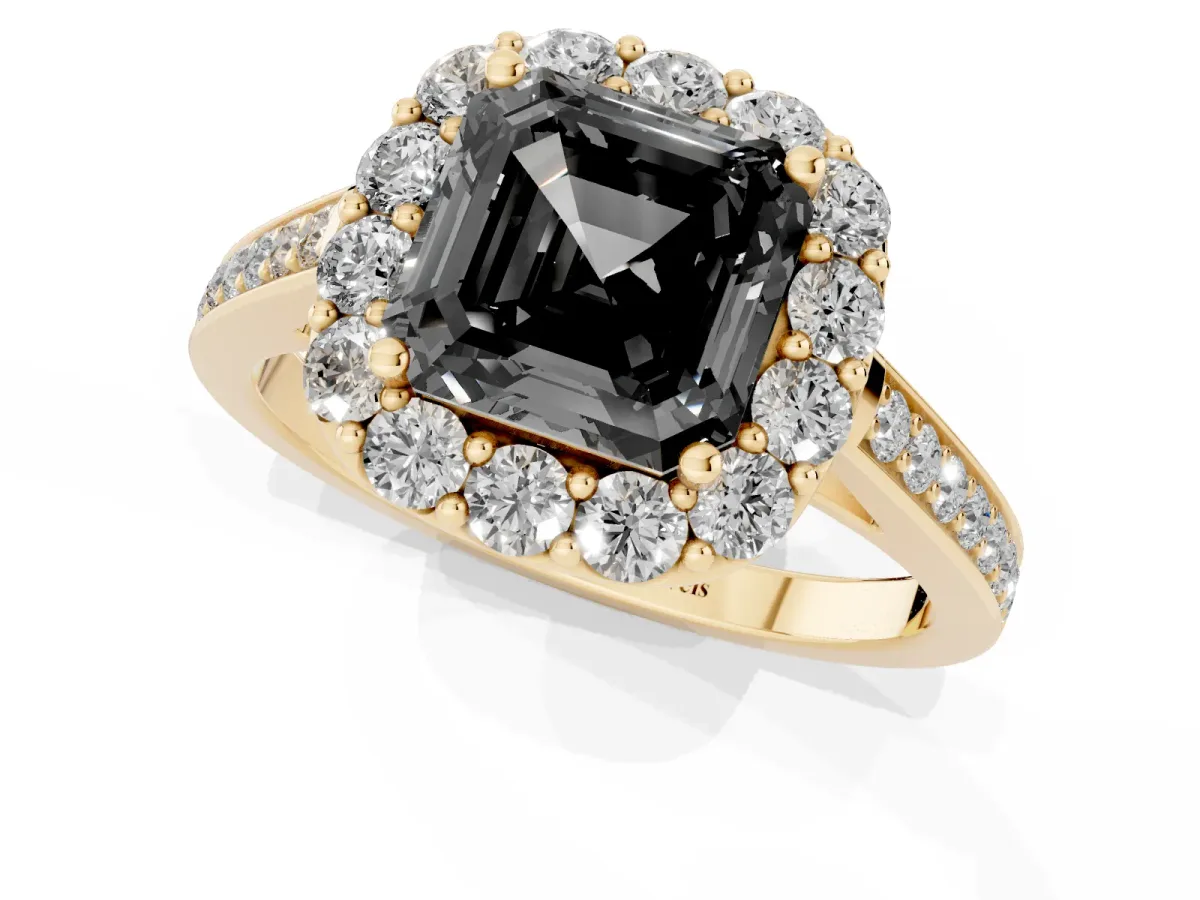 Fancy Black Asscher Cut Diamond Floral Halo Ring with Pavé Band and Prong Setting Yellow gold