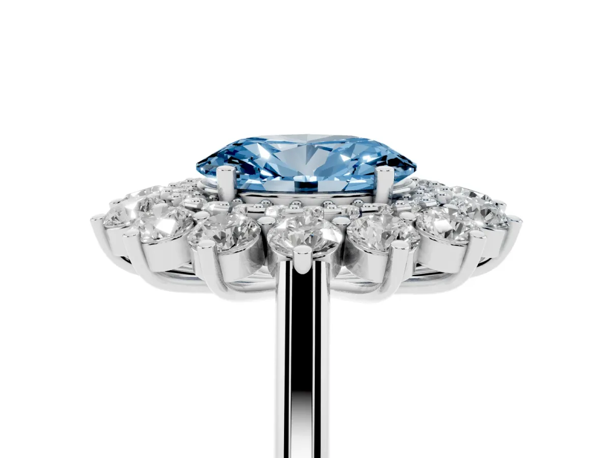 Fancy Blue Oval Cut Diamond Floral Double Halo Engagement Ring with Prong Setting Silver