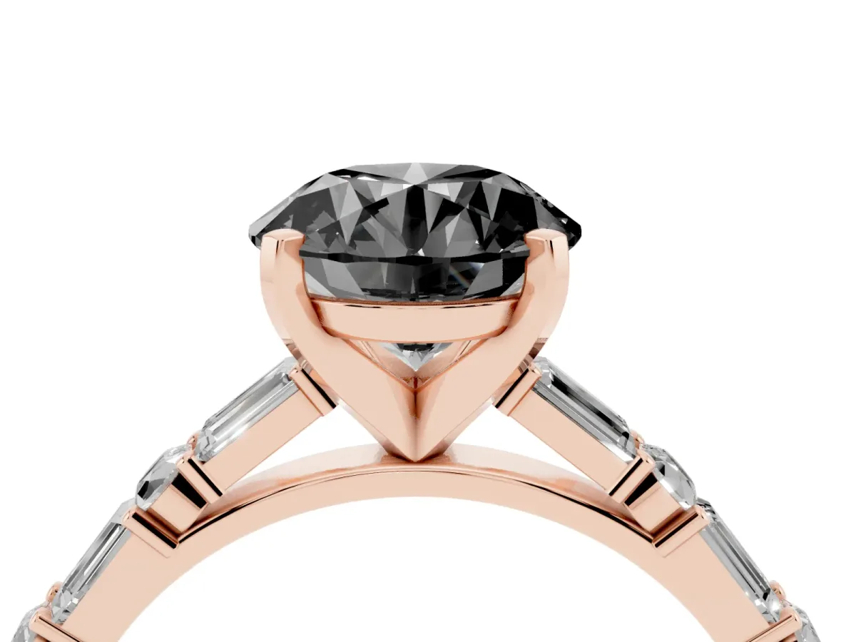 Fancy Black Round Cut Diamond Solitaire with Side Baguettes and Channel Set Band Rose gold