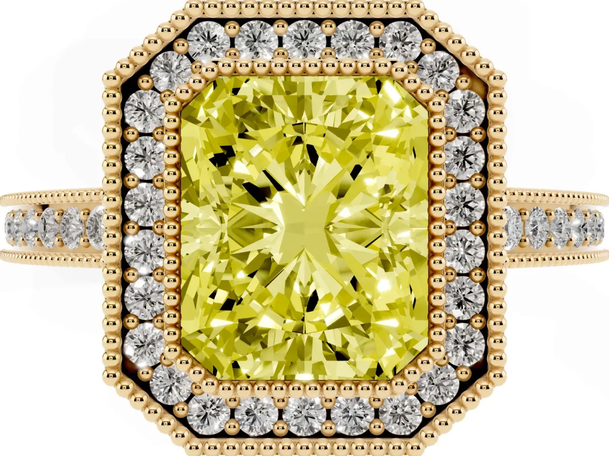 Fancy Yellow Radiant Cut Cut Halo Diamond Ring with Pavé Band and Milgrain Prong Setting Yellow gold
