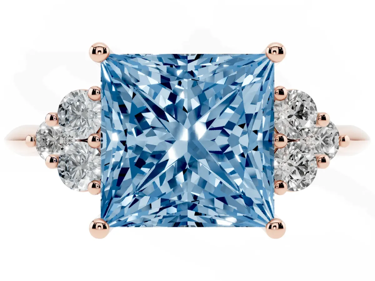 Fancy Blue Princess Cut Cut Diamond Cluster Ring with Solitaire Band and Four-Prong Setting Rose gold