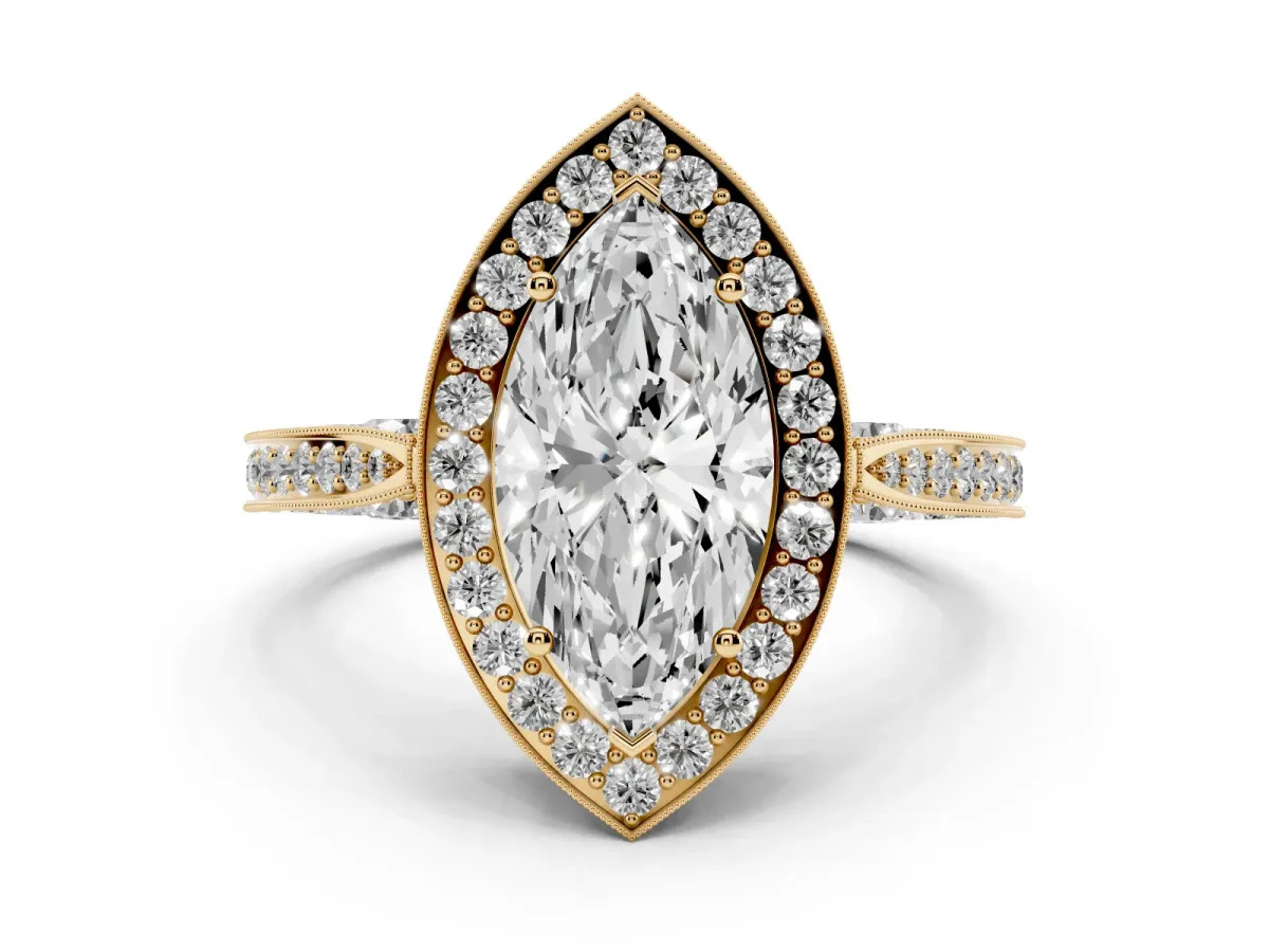 Marquise Cut Halo Diamond Engagement Ring with Split Shank Band and Four-Prong Setting Yellow gold