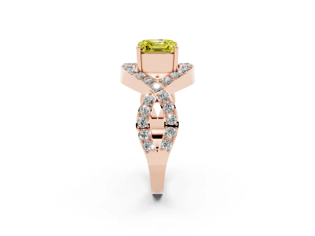 Fancy Yellow Asscher Cut Solitaire Twist Band Pavé Diamond Engagement Ring Rose gold