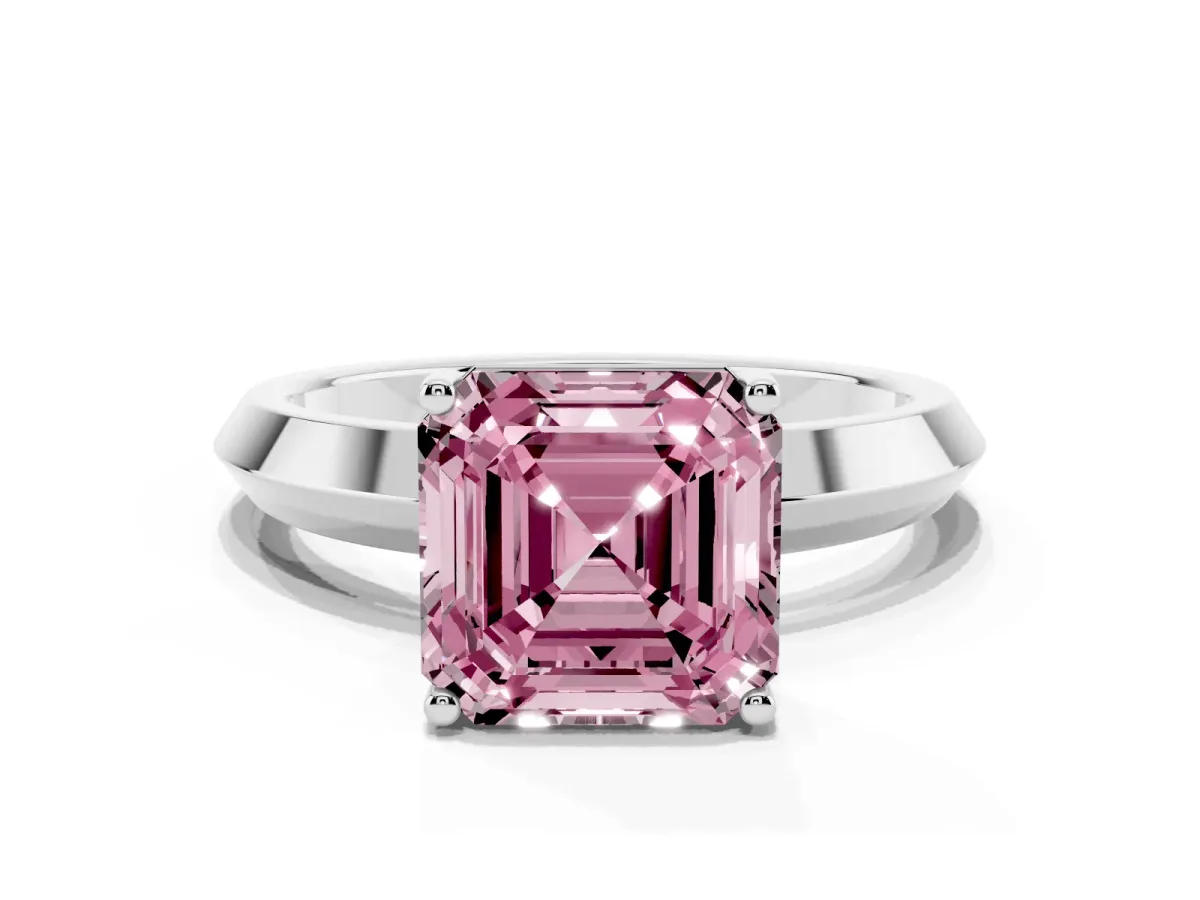 Fancy Pink Asscher Cut Cut Solitaire Engagement Ring with Flat Band and Four-Prong Setting White gold