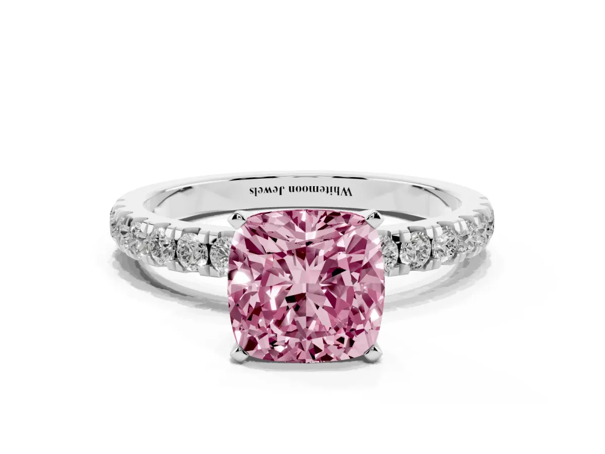 Fancy Pink Cushion Cut Diamond Solitaire Ring with Pavé Accents and Four-Prong Setting White gold