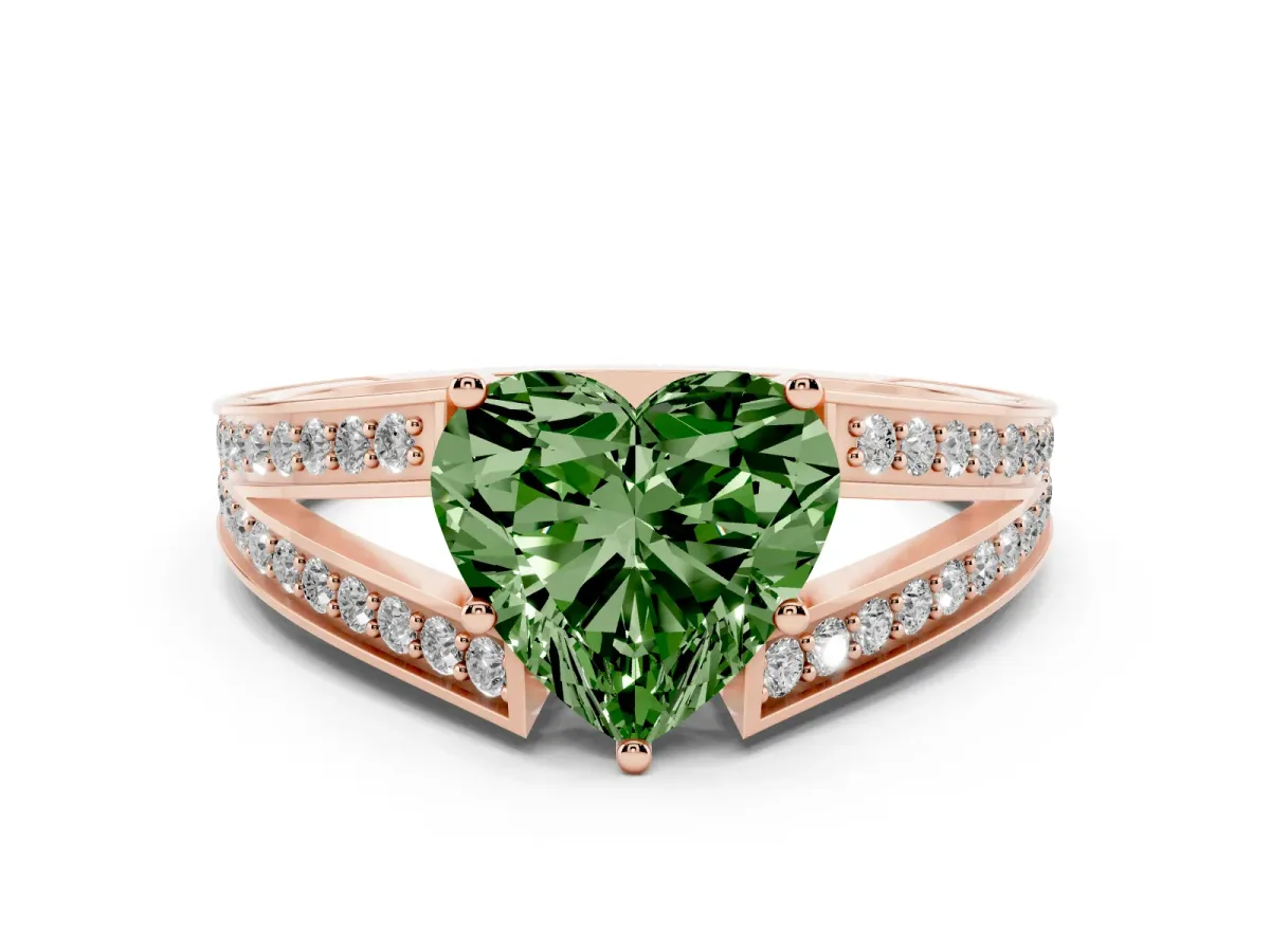 Fancy Green Heart Cut Diamond Split Shank Ring with Pavé Band and Four-Prong Setting Rose gold