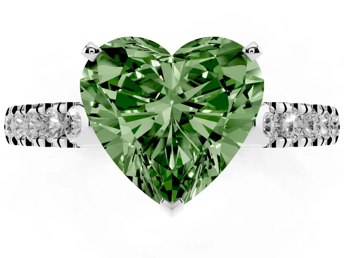 Fancy Green Heart Cut Diamond Pavé Band Solitaire Ring with Prong Setting Silver