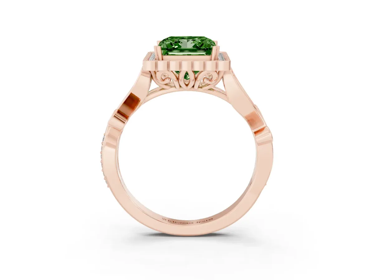 Fancy Green Princess Cut Diamond Halo Ring with Vintage Split Shank and Four-Prong Setting Rose gold