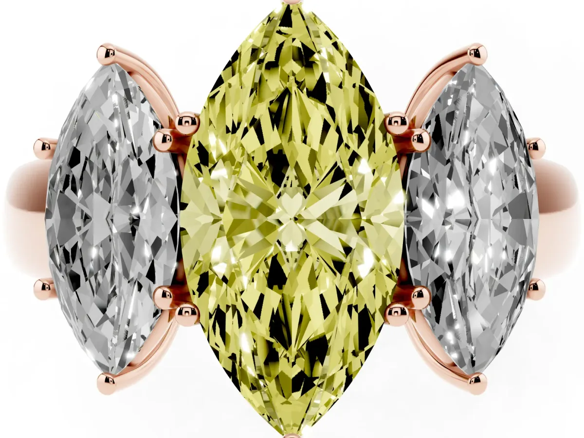 Fancy Yellow Three-Stone Marquise Cut Cut Diamond Ring with Prong Setting and Classic Band Rose gold